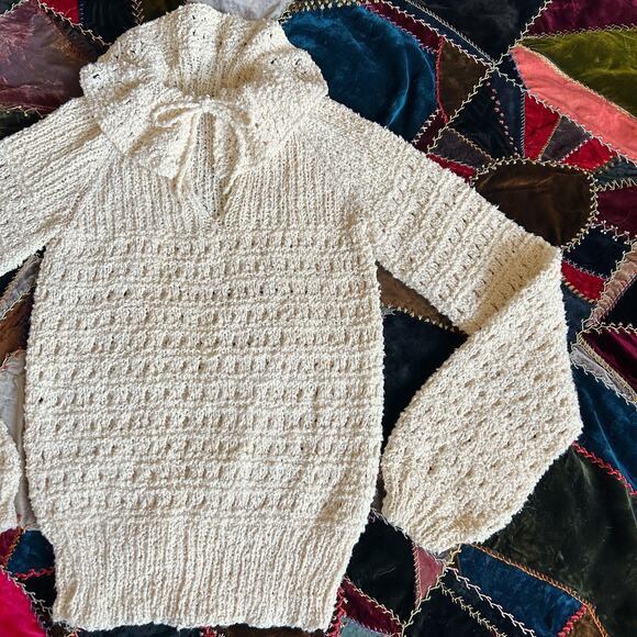 Vintage 60s Softest Handknit Crochet Balloon Sleeve Ruffle Collar Sweater Top S - Picture 1 of 7